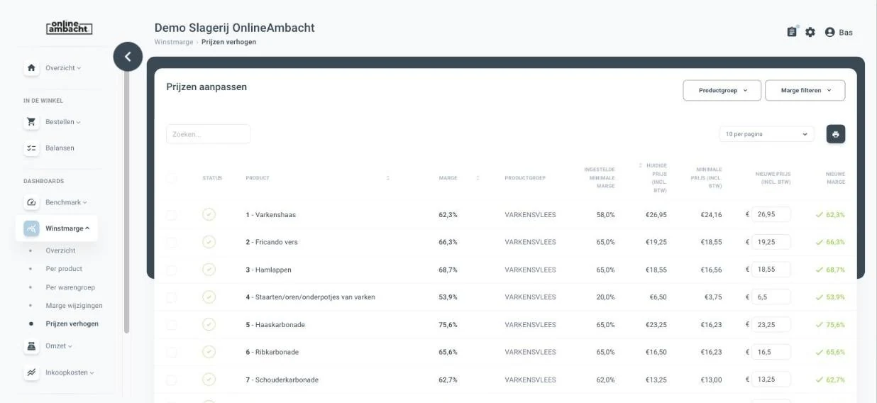 Scherm Prijzen aanpassen: per product de huidige prijs, de minimale prijs, een nieuwe prijs en de nieuwe marge